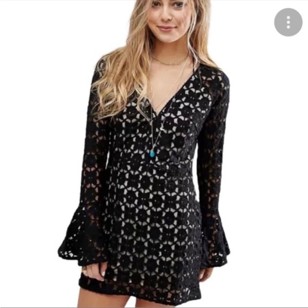 Free People Crochet Lace Bell Sleeve Witchy Black Long Sleeve Dress - Size 0 XS